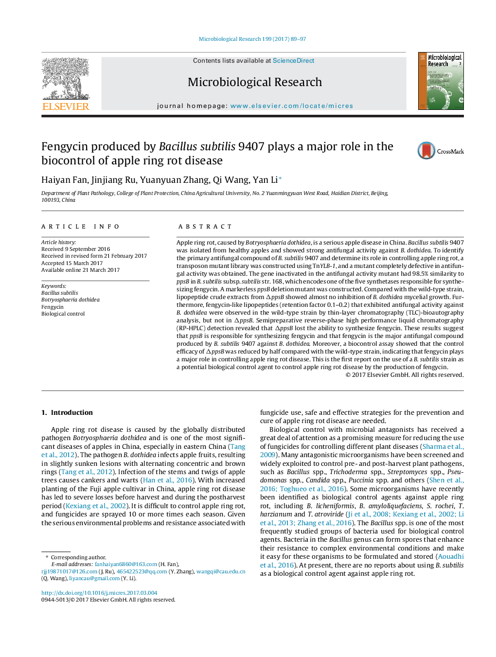 Fengycin produced by Bacillus subtilis 9407 plays a major role in the biocontrol of apple ring rot disease