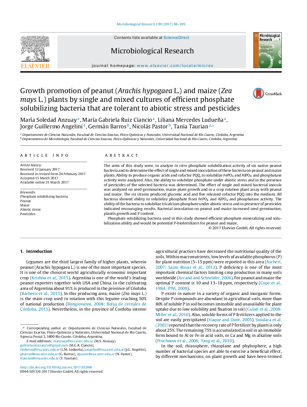 Growth promotion of peanut (Arachis hypogaea L.) and maize (Zea mays L.) plants by single and mixed cultures of efficient phosphate solubilizing bacteria that are tolerant to abiotic stress and pesticides