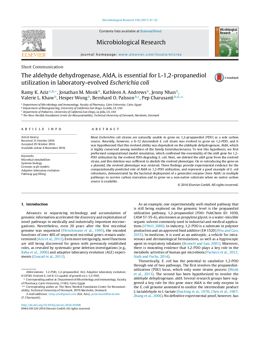 Short CommunicationThe aldehyde dehydrogenase, AldA, is essential for L-1,2-propanediol utilization in laboratory-evolved Escherichia coli