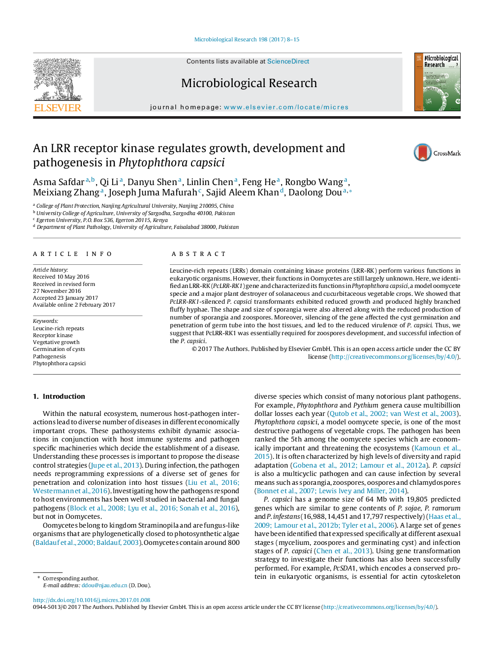 An LRR receptor kinase regulates growth, development and pathogenesis in Phytophthora capsici