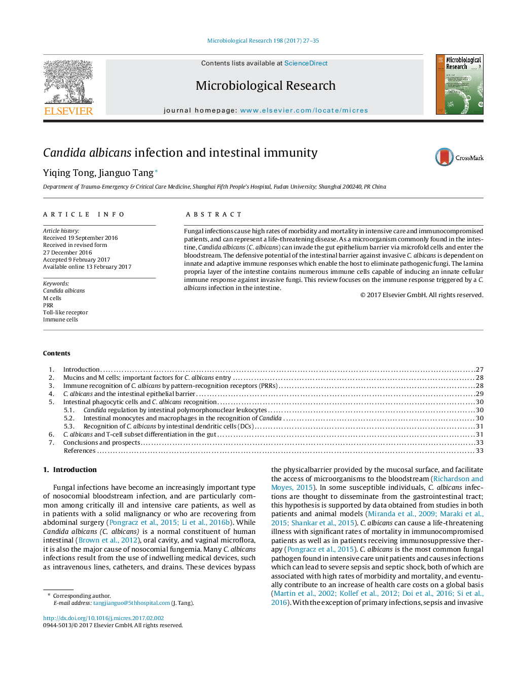 Candida albicans infection and intestinal immunity