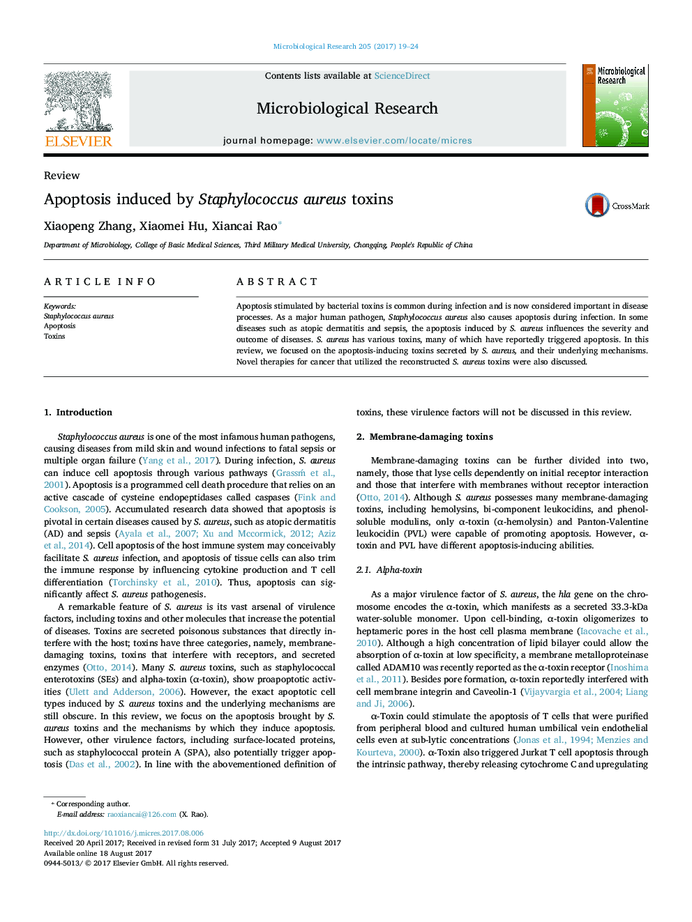 ReviewApoptosis induced by Staphylococcus aureus toxins