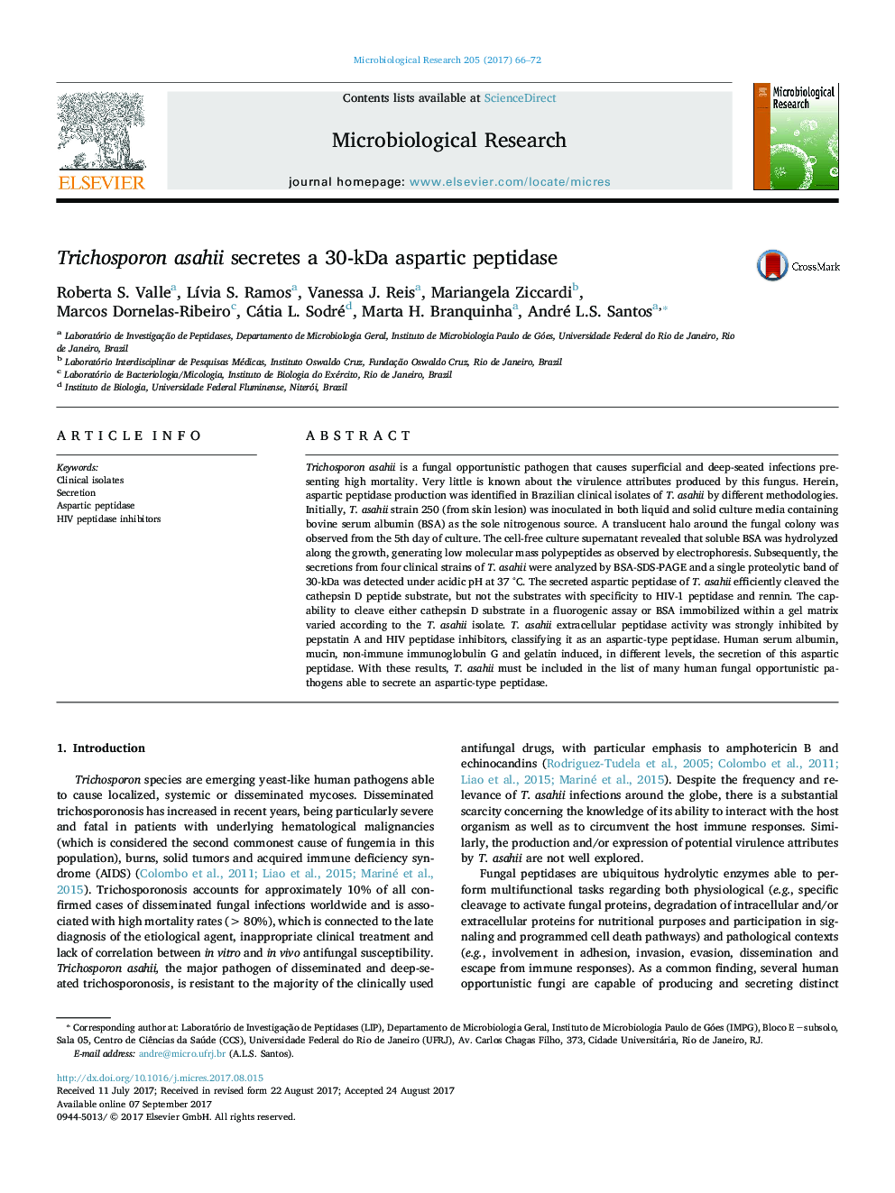 Trichosporon asahii secretes a 30-kDa aspartic peptidase