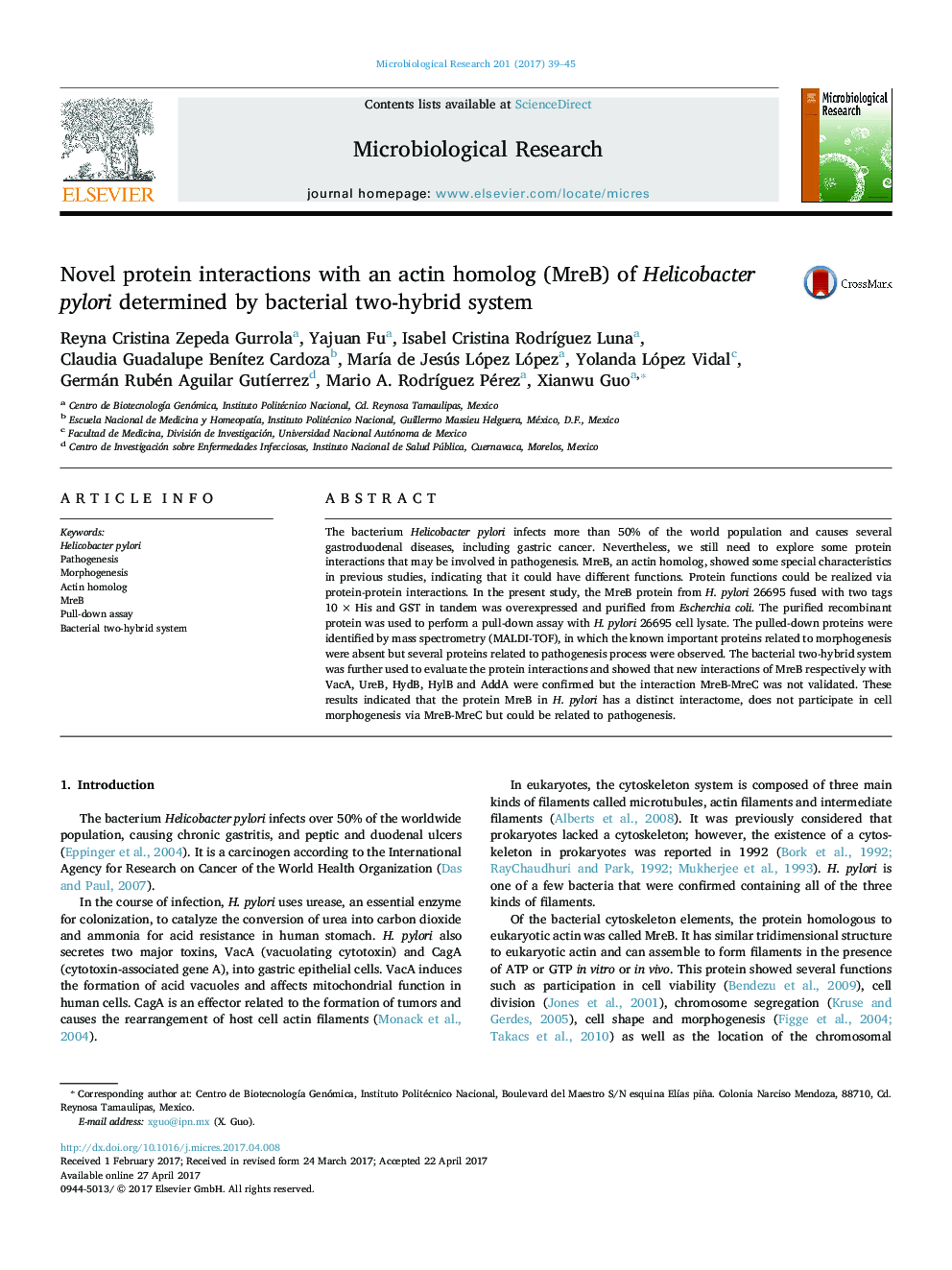 Novel protein interactions with an actin homolog (MreB) of Helicobacter pylori determined by bacterial two-hybrid system