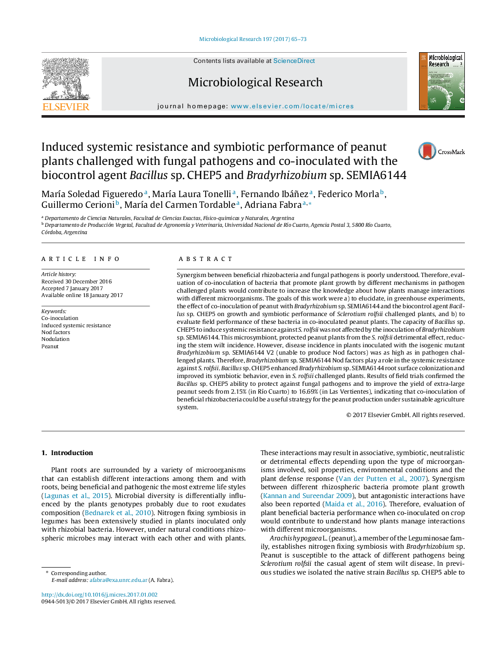 Induced systemic resistance and symbiotic performance of peanut plants challenged with fungal pathogens and co-inoculated with the biocontrol agent Bacillus sp. CHEP5 and Bradyrhizobium sp. SEMIA6144