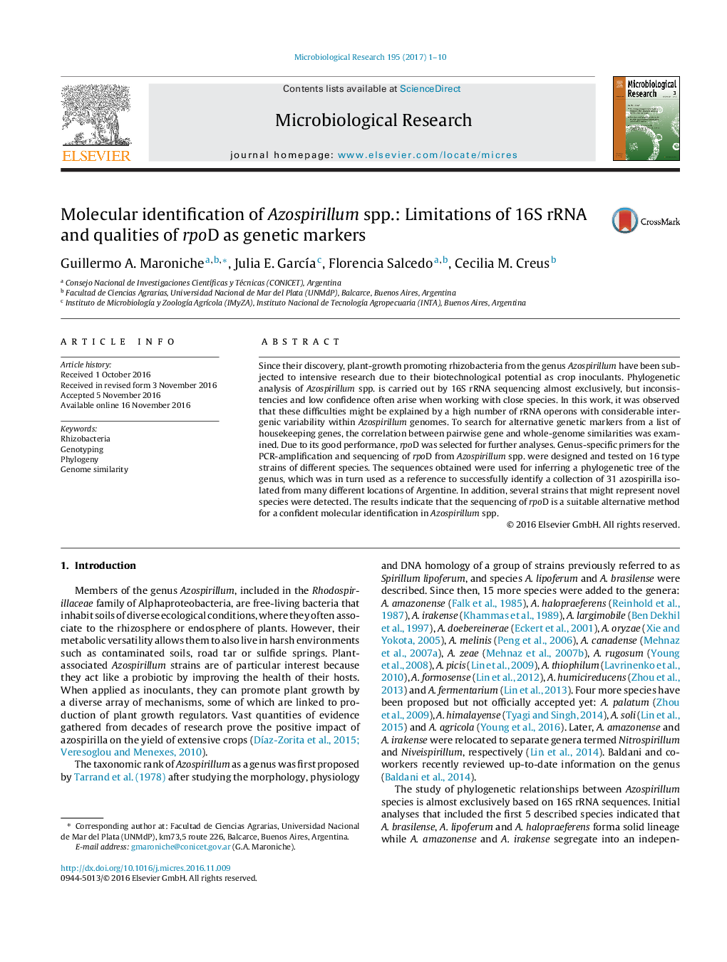 Molecular identification of Azospirillum spp.: Limitations of 16S rRNA and qualities of rpoD as genetic markers