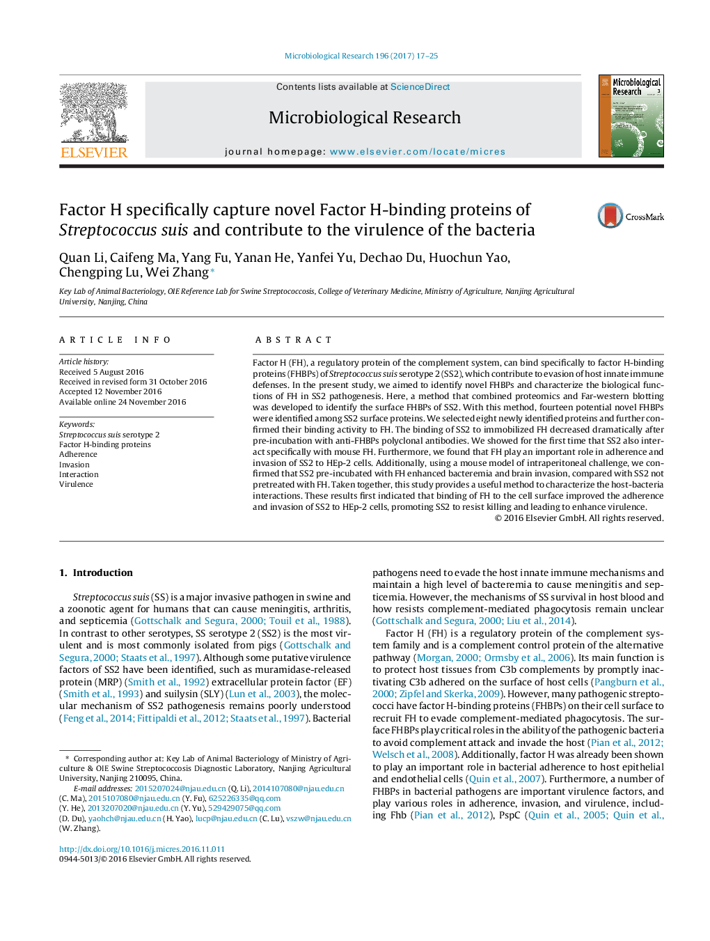 Factor H specifically capture novel Factor H-binding proteins of Streptococcus suis and contribute to the virulence of the bacteria