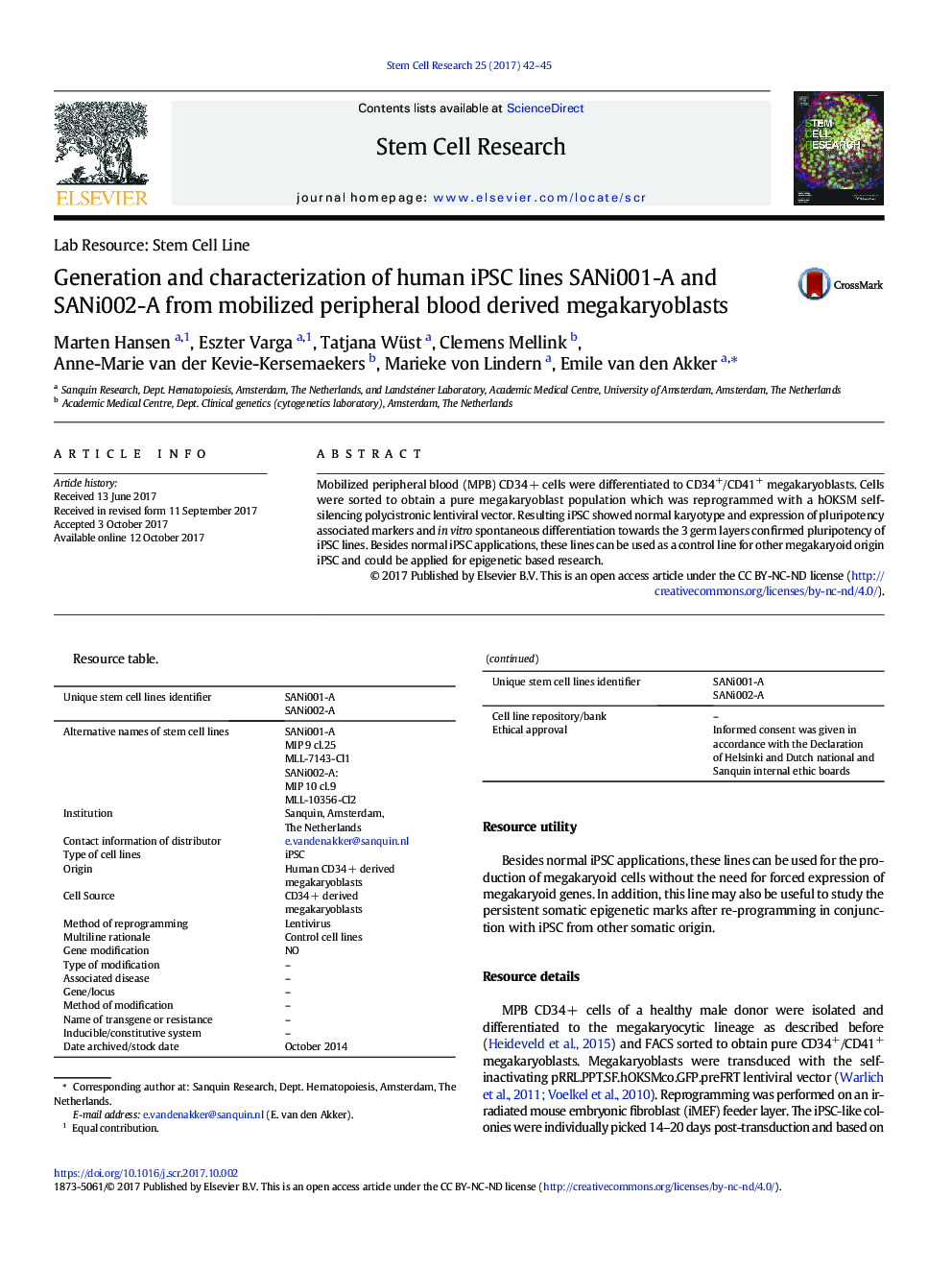 Generation and characterization of human iPSC lines SANi001-A and SANi002-A from mobilized peripheral blood derived megakaryoblasts