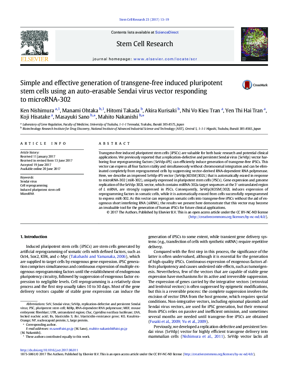 Simple and effective generation of transgene-free induced pluripotent stem cells using an auto-erasable Sendai virus vector responding to microRNA-302