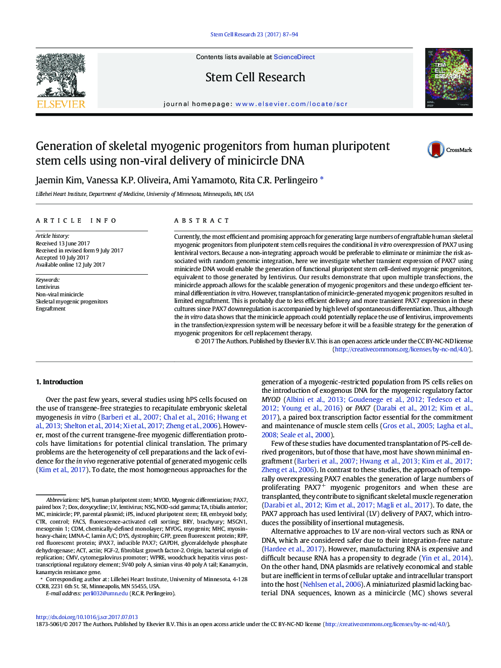 Generation of skeletal myogenic progenitors from human pluripotent stem cells using non-viral delivery of minicircle DNA