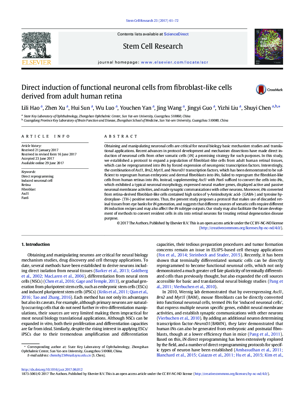 Direct induction of functional neuronal cells from fibroblast-like cells derived from adult human retina