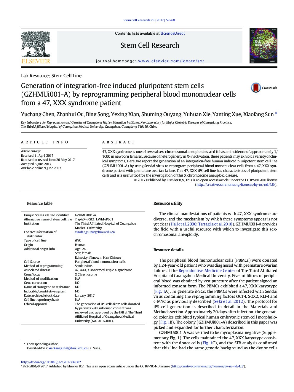 Generation of integration-free induced pluripotent stem cells (GZHMUi001-A) by reprogramming peripheral blood mononuclear cells from a 47, XXX syndrome patient