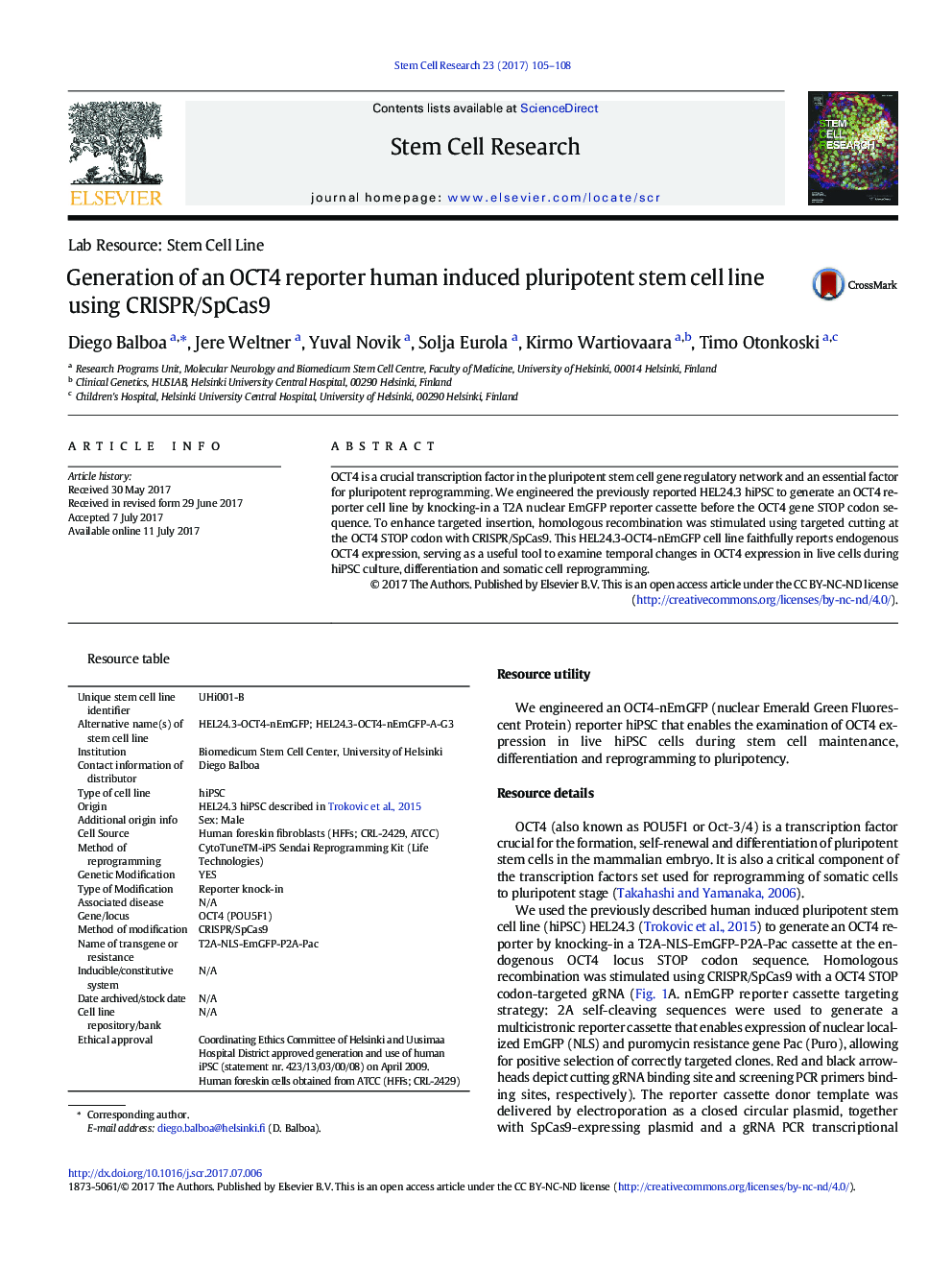 Generation of an OCT4 reporter human induced pluripotent stem cell line using CRISPR/SpCas9