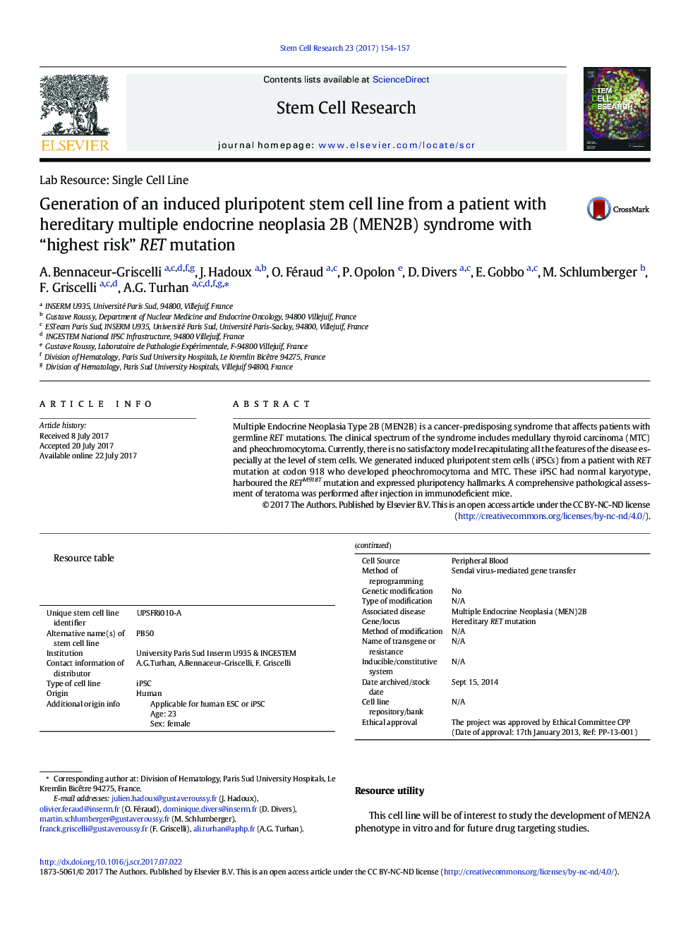 Generation of an induced pluripotent stem cell line from a patient with hereditary multiple endocrine neoplasia 2B (MEN2B) syndrome with “highest risk” RET mutation