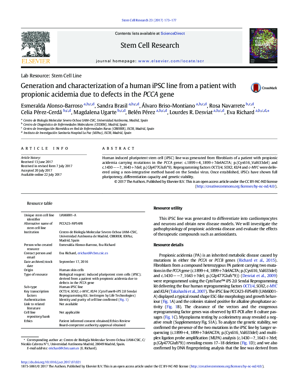 Generation and characterization of a human iPSC line from a patient with propionic acidemia due to defects in the PCCA gene