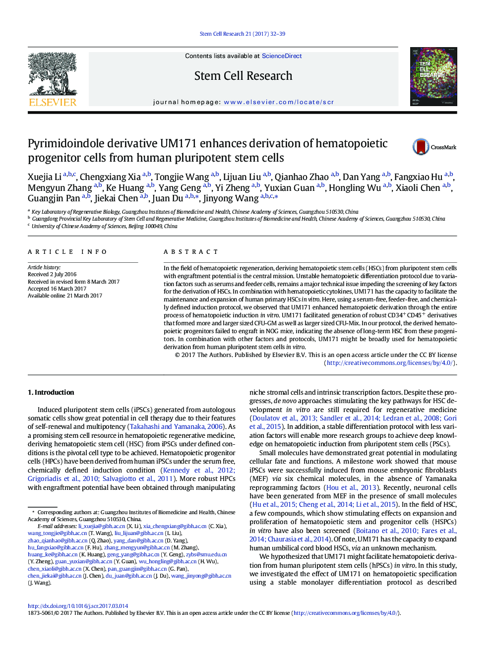 Pyrimidoindole derivative UM171 enhances derivation of hematopoietic progenitor cells from human pluripotent stem cells