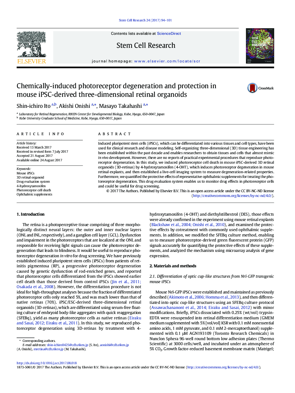 Chemically-induced photoreceptor degeneration and protection in mouse iPSC-derived three-dimensional retinal organoids