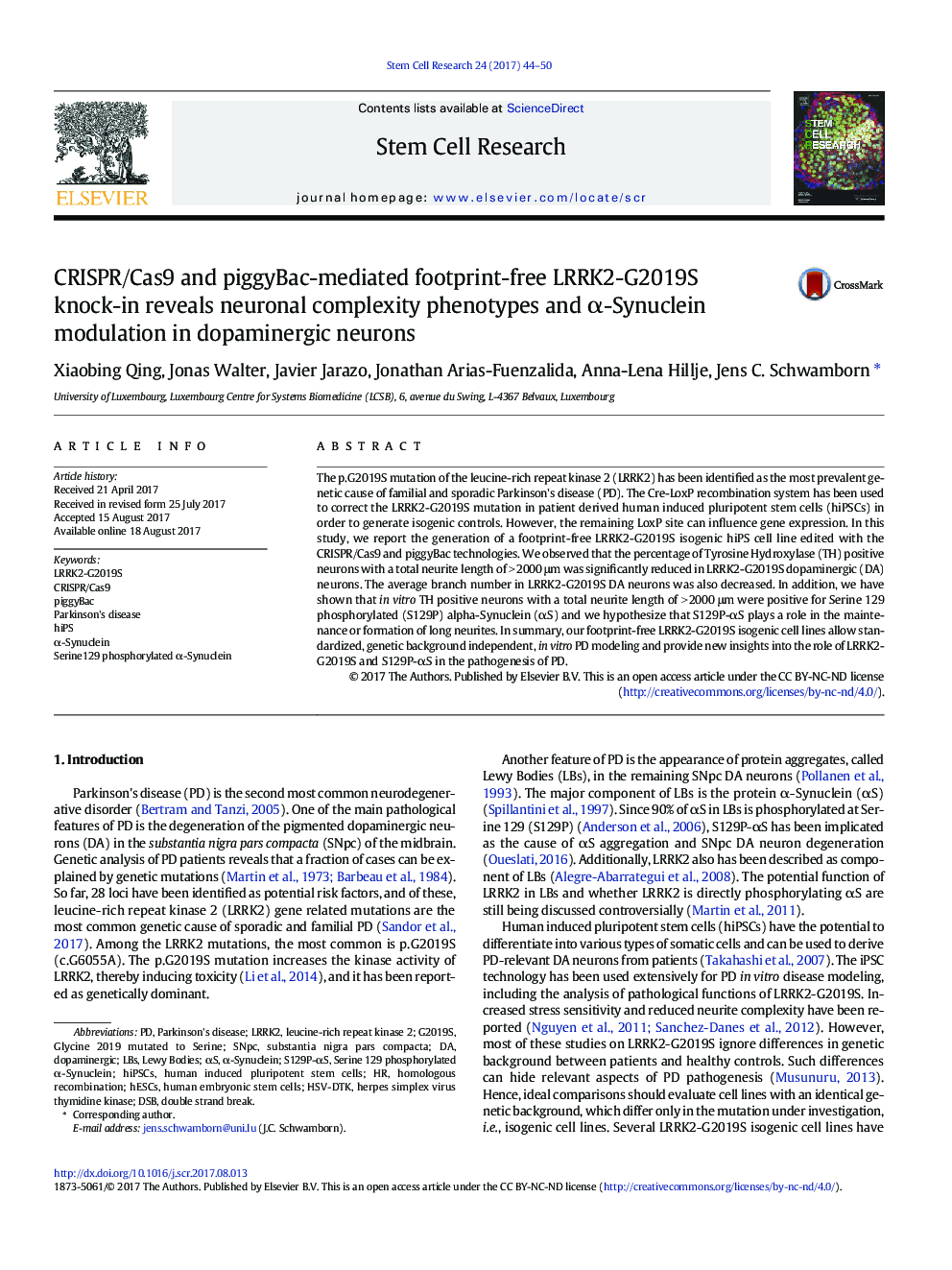 CRISPR/Cas9 and piggyBac-mediated footprint-free LRRK2-G2019S knock-in reveals neuronal complexity phenotypes and Î±-Synuclein modulation in dopaminergic neurons