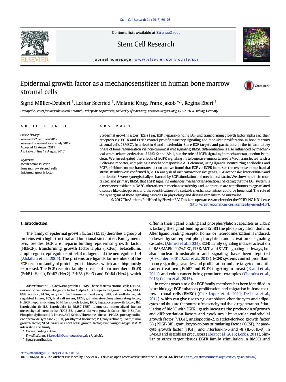 Epidermal growth factor as a mechanosensitizer in human bone marrow stromal cells