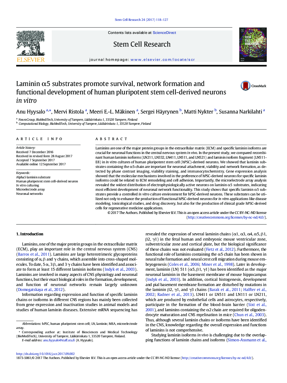 Laminin Î±5 substrates promote survival, network formation and functional development of human pluripotent stem cell-derived neurons in vitro