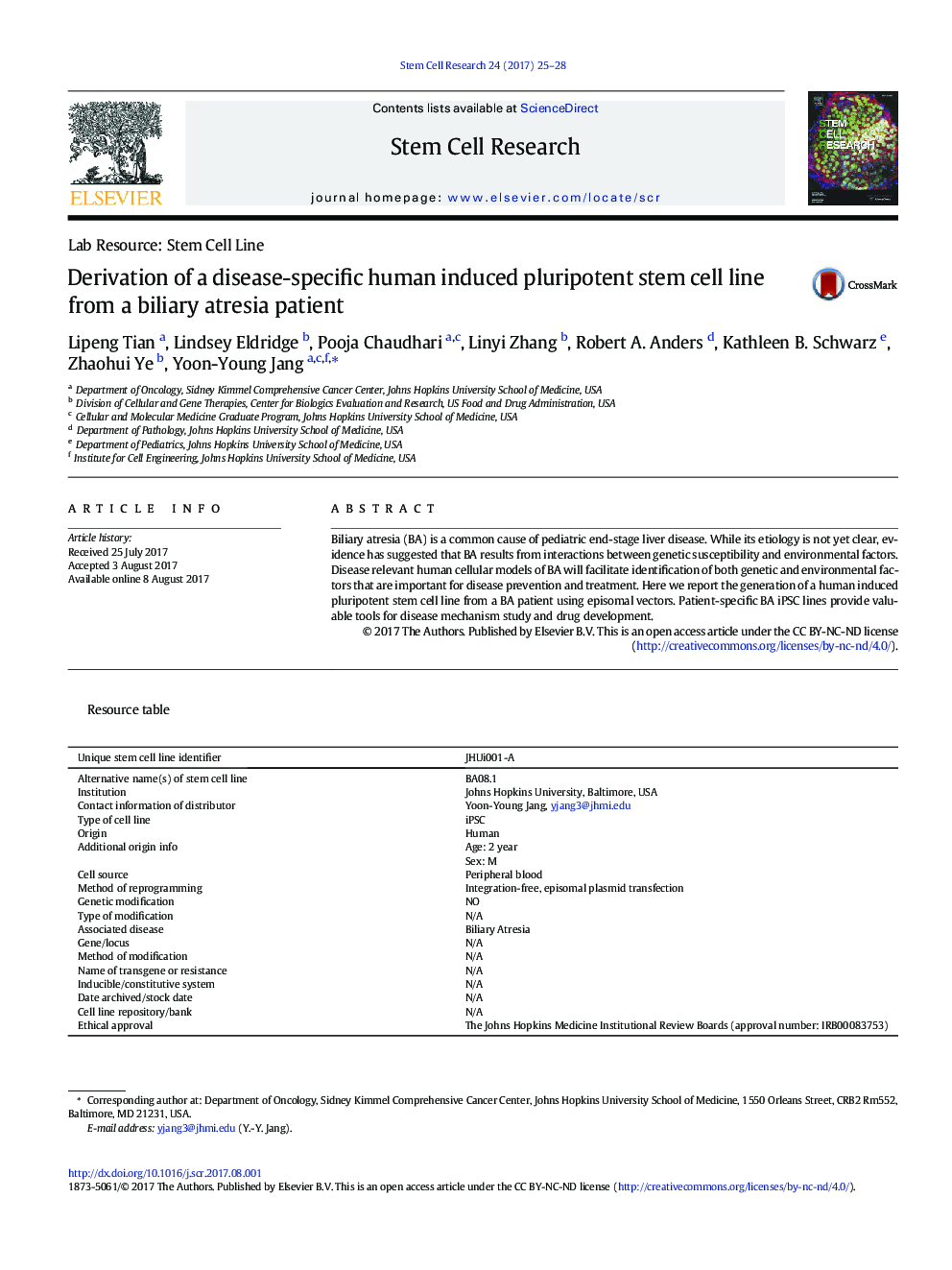 Derivation of a disease-specific human induced pluripotent stem cell line from a biliary atresia patient