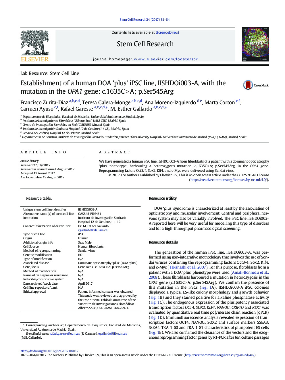 Establishment of a human DOA 'plus' iPSC line, IISHDOi003-A, with the mutation in the OPA1 gene: c.1635C > A; p.Ser545Arg