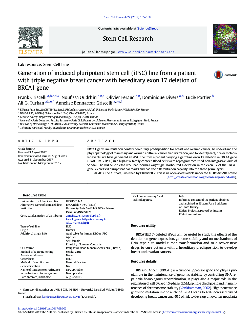 Generation of induced pluripotent stem cell (iPSC) line from a patient with triple negative breast cancer with hereditary exon 17 deletion of BRCA1 gene