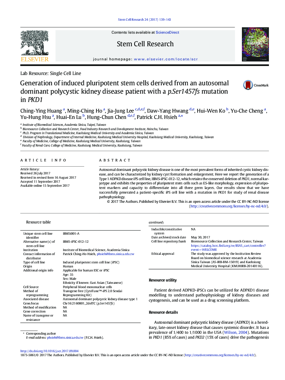 Generation of induced pluripotent stem cells derived from an autosomal dominant polycystic kidney disease patient with a p.Ser1457fs mutation in PKD1