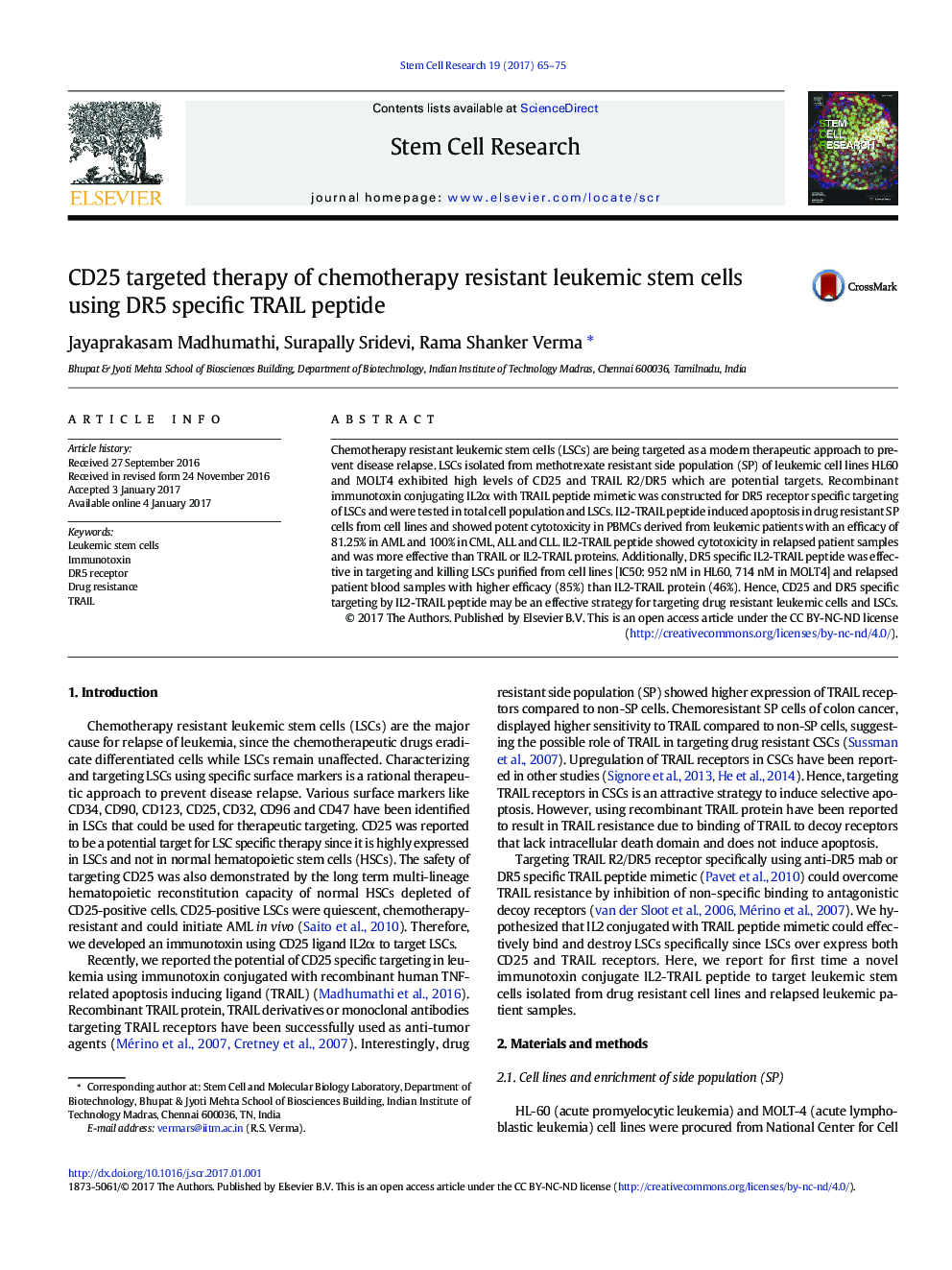 CD25 targeted therapy of chemotherapy resistant leukemic stem cells using DR5 specific TRAIL peptide