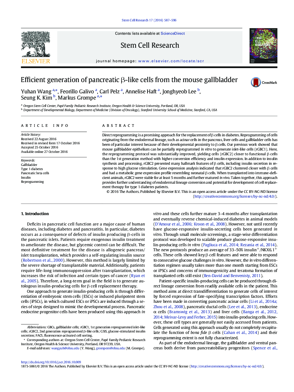 Efficient generation of pancreatic Î²-like cells from the mouse gallbladder