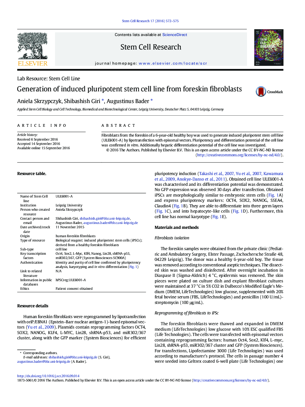 Generation of induced pluripotent stem cell line from foreskin fibroblasts