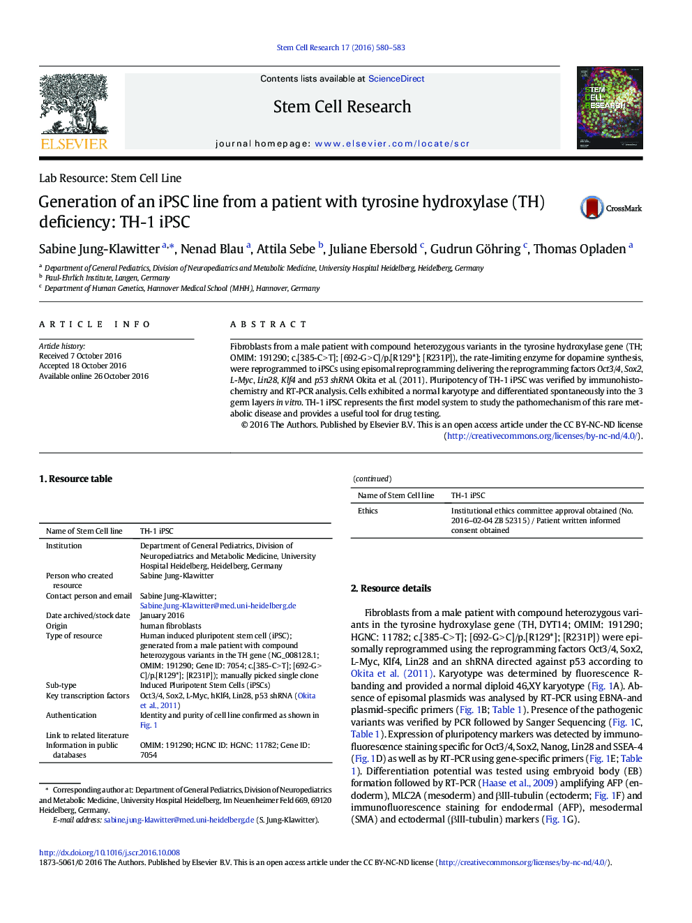 Generation of an iPSC line from a patient with tyrosine hydroxylase (TH) deficiency: TH-1 iPSC