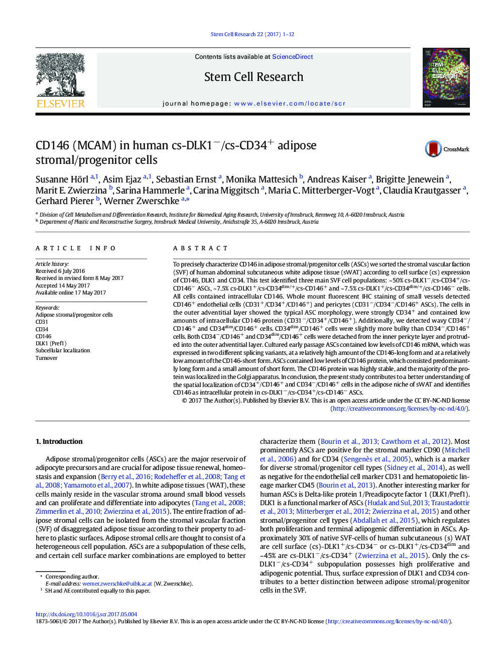 CD146 (MCAM) in human cs-DLK1â/cs-CD34+ adipose stromal/progenitor cells