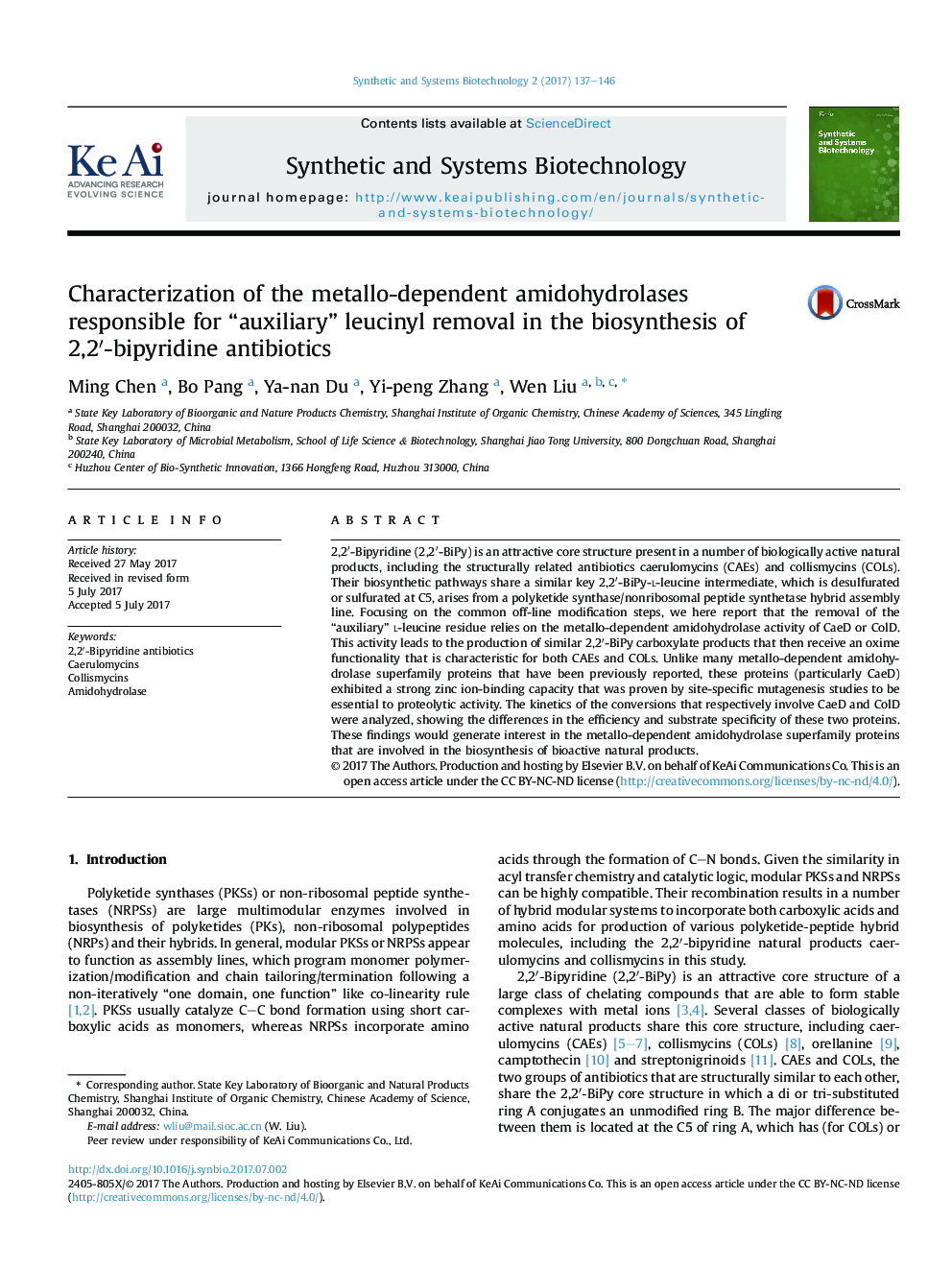 Characterization of the metallo-dependent amidohydrolases responsible for “auxiliary” leucinyl removal in the biosynthesis of 2,2â²-bipyridine antibiotics