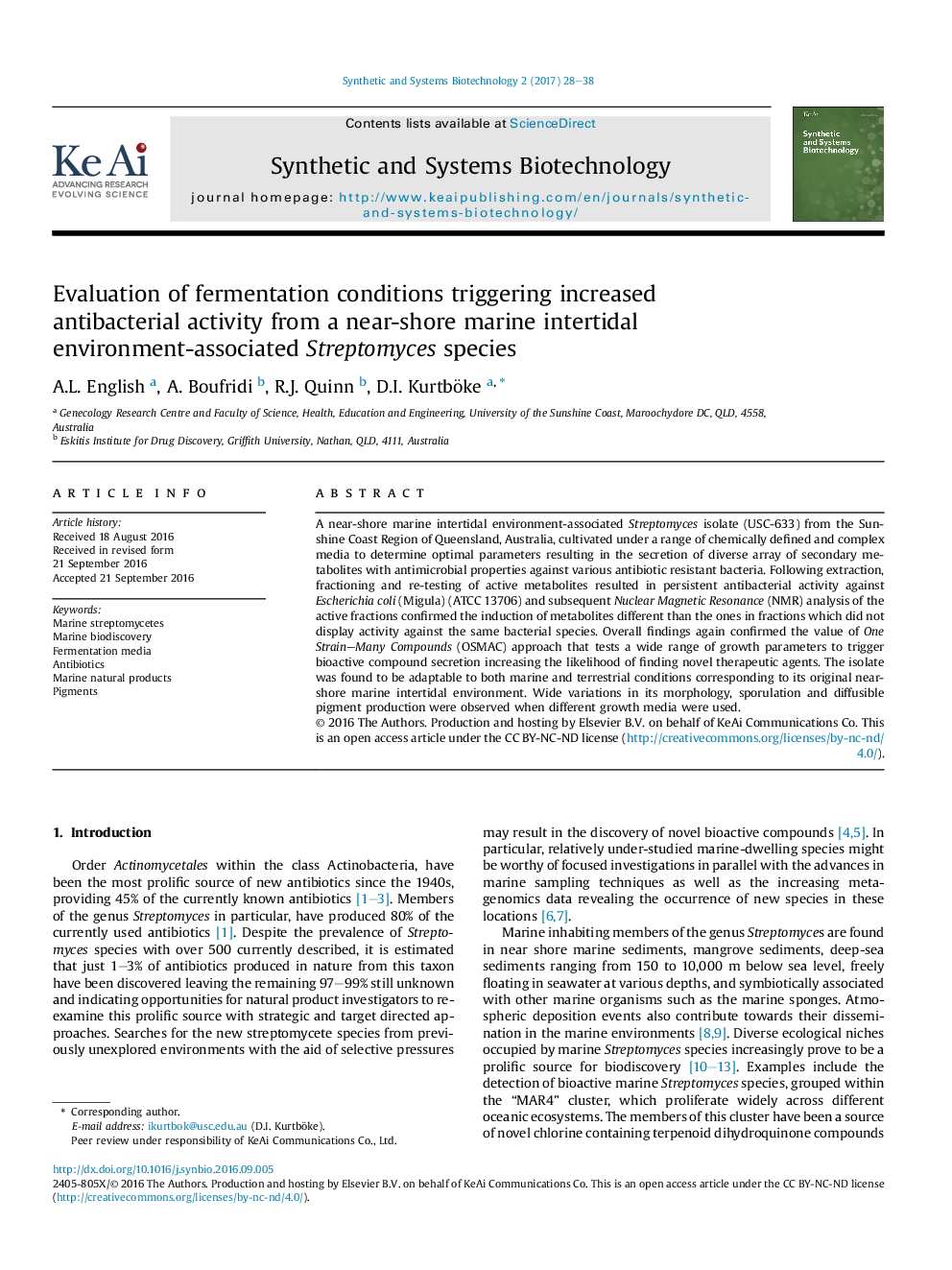 Evaluation of fermentation conditions triggering increased antibacterial activity from a near-shore marine intertidal environment-associated Streptomyces species