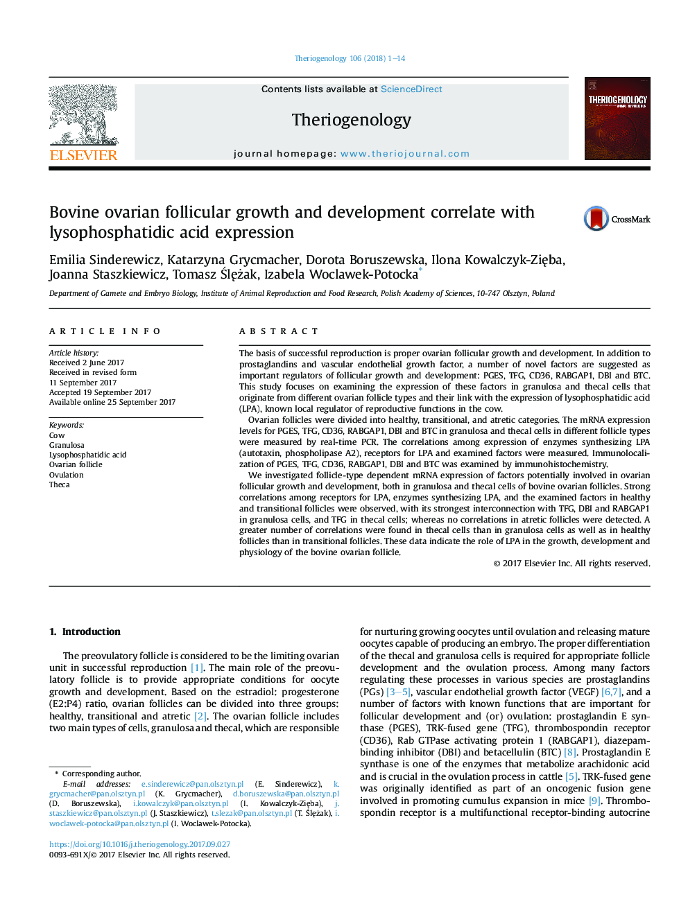 Bovine ovarian follicular growth and development correlate with lysophosphatidic acid expression