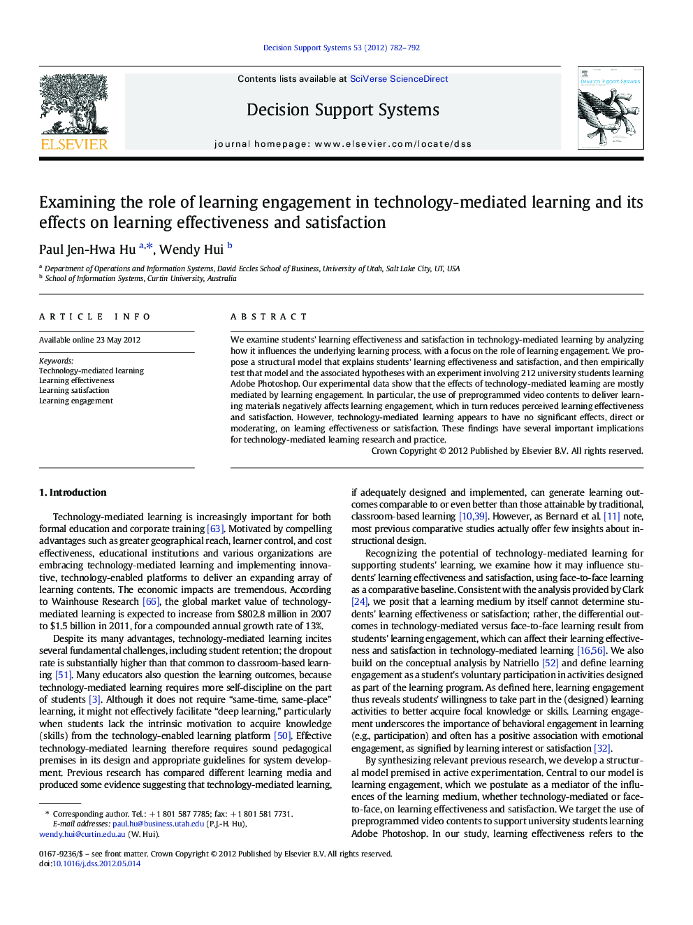 Examining the role of learning engagement in technology-mediated learning and its effects on learning effectiveness and satisfaction