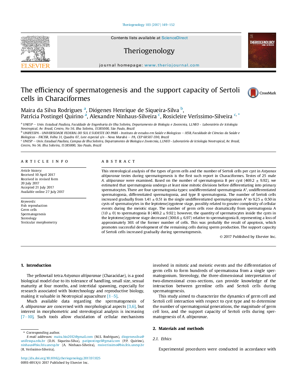 The efficiency of spermatogenesis and the support capacity of Sertoli cells in Characiformes