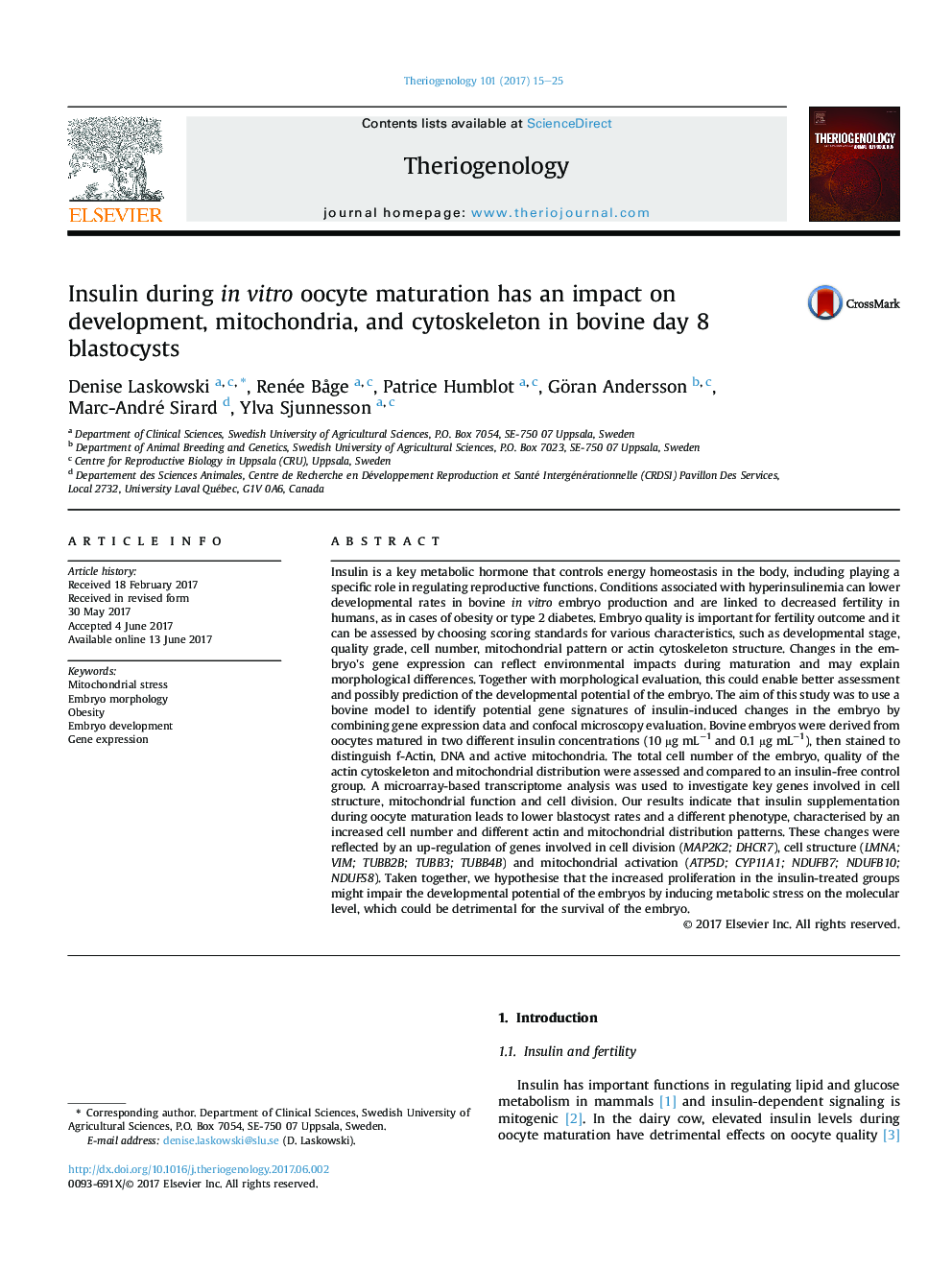 Insulin during in vitro oocyte maturation has an impact on development, mitochondria, and cytoskeleton in bovine day 8 blastocysts