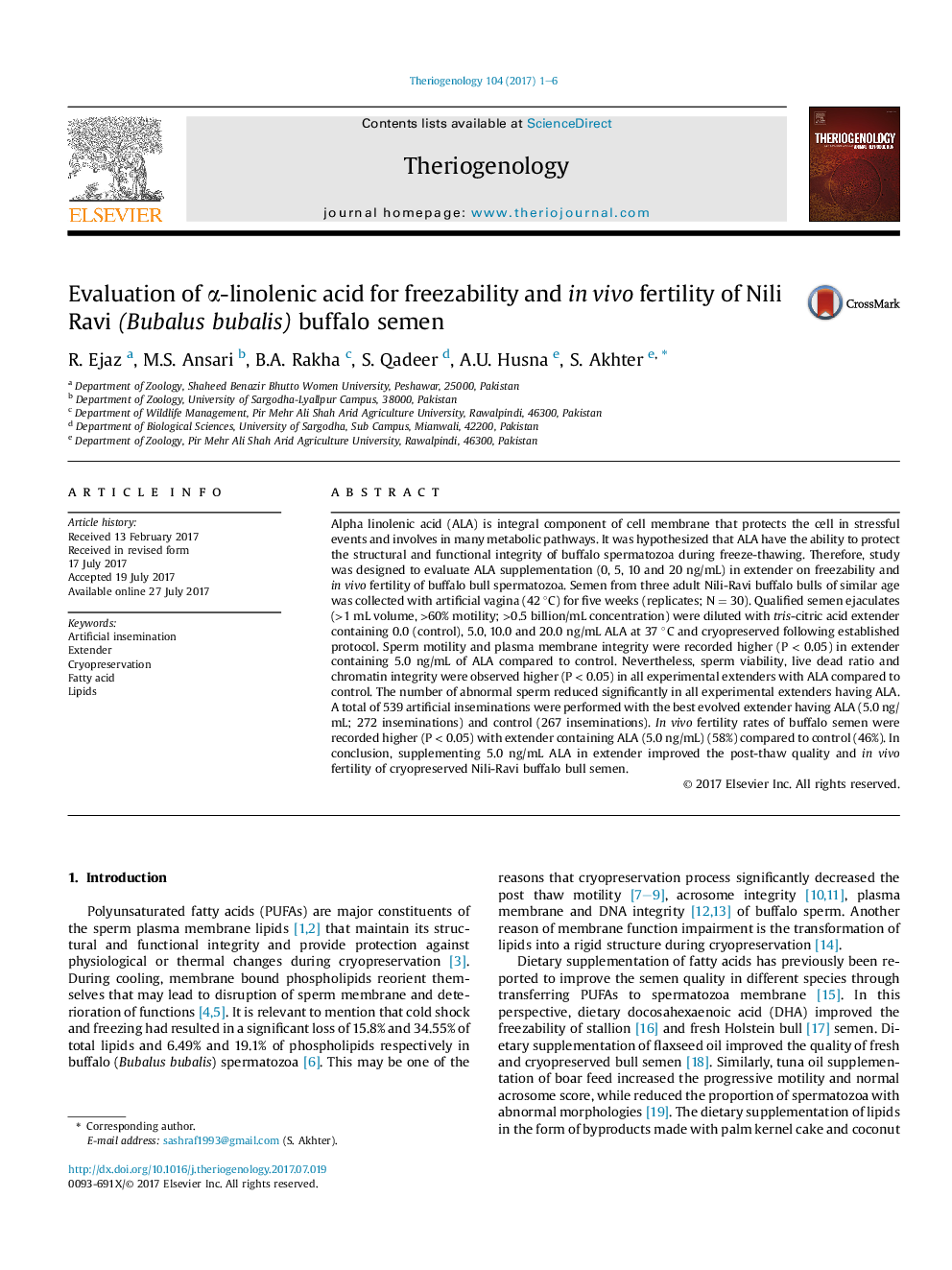 Evaluation of Î±-linolenic acid for freezability and inÂ vivo fertility of Nili Ravi (Bubalus bubalis) buffalo semen