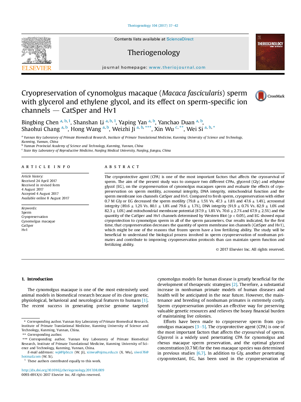 Cryopreservation of cynomolgus macaque (Macaca fascicularis) sperm with glycerol and ethylene glycol, and its effect on sperm-specific ion channels - CatSper and Hv1