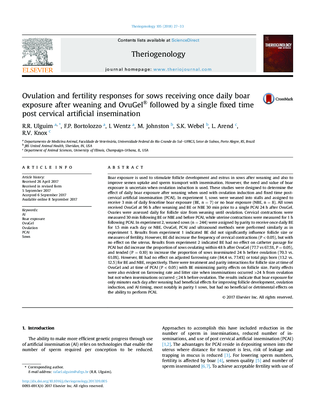 Ovulation and fertility responses for sows receiving once daily boar exposure after weaning and OvuGel® followed by a single fixed time post cervical artificial insemination