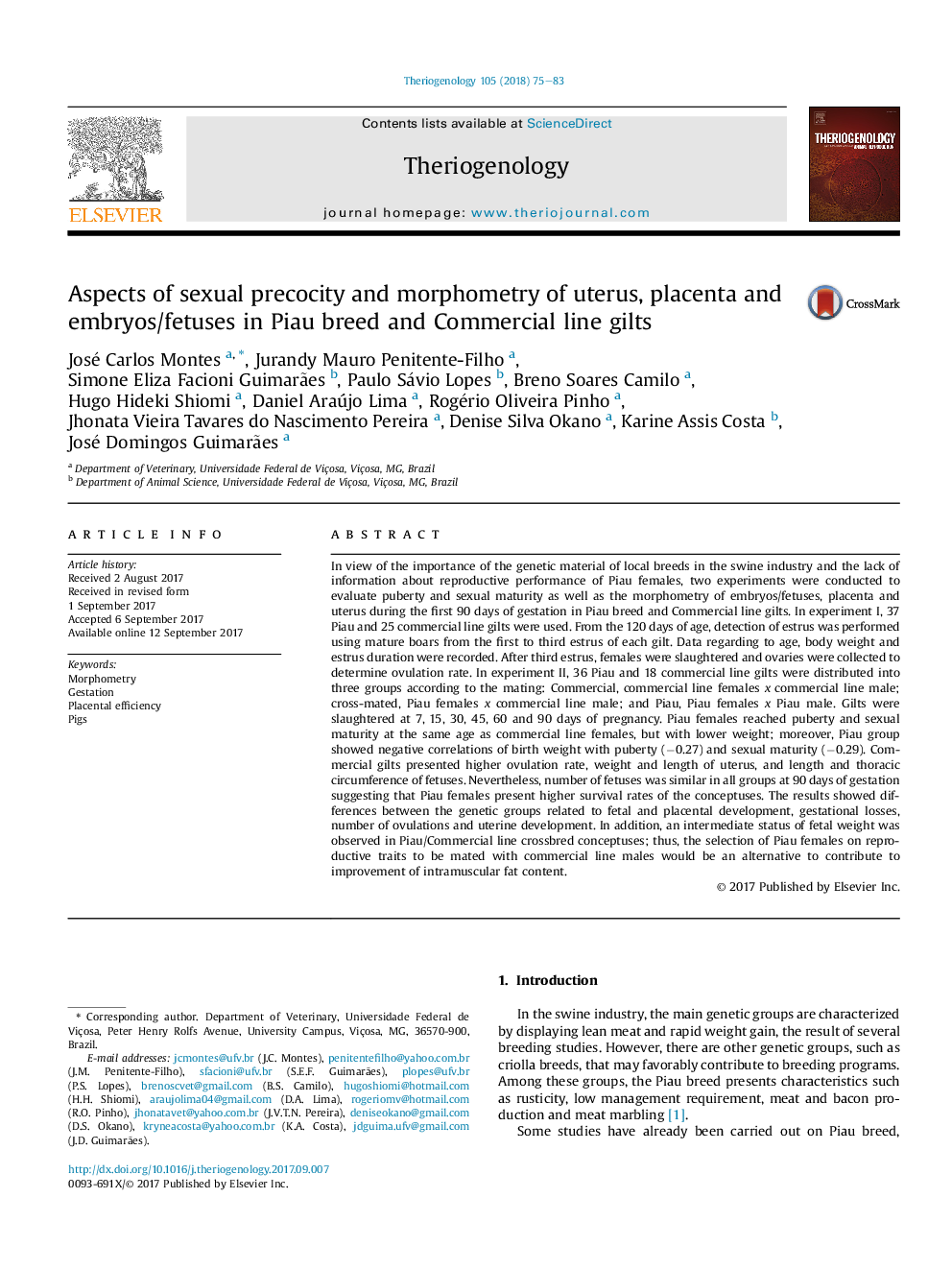 Aspects of sexual precocity and morphometry of uterus, placenta and embryos/fetuses in Piau breed and Commercial line gilts