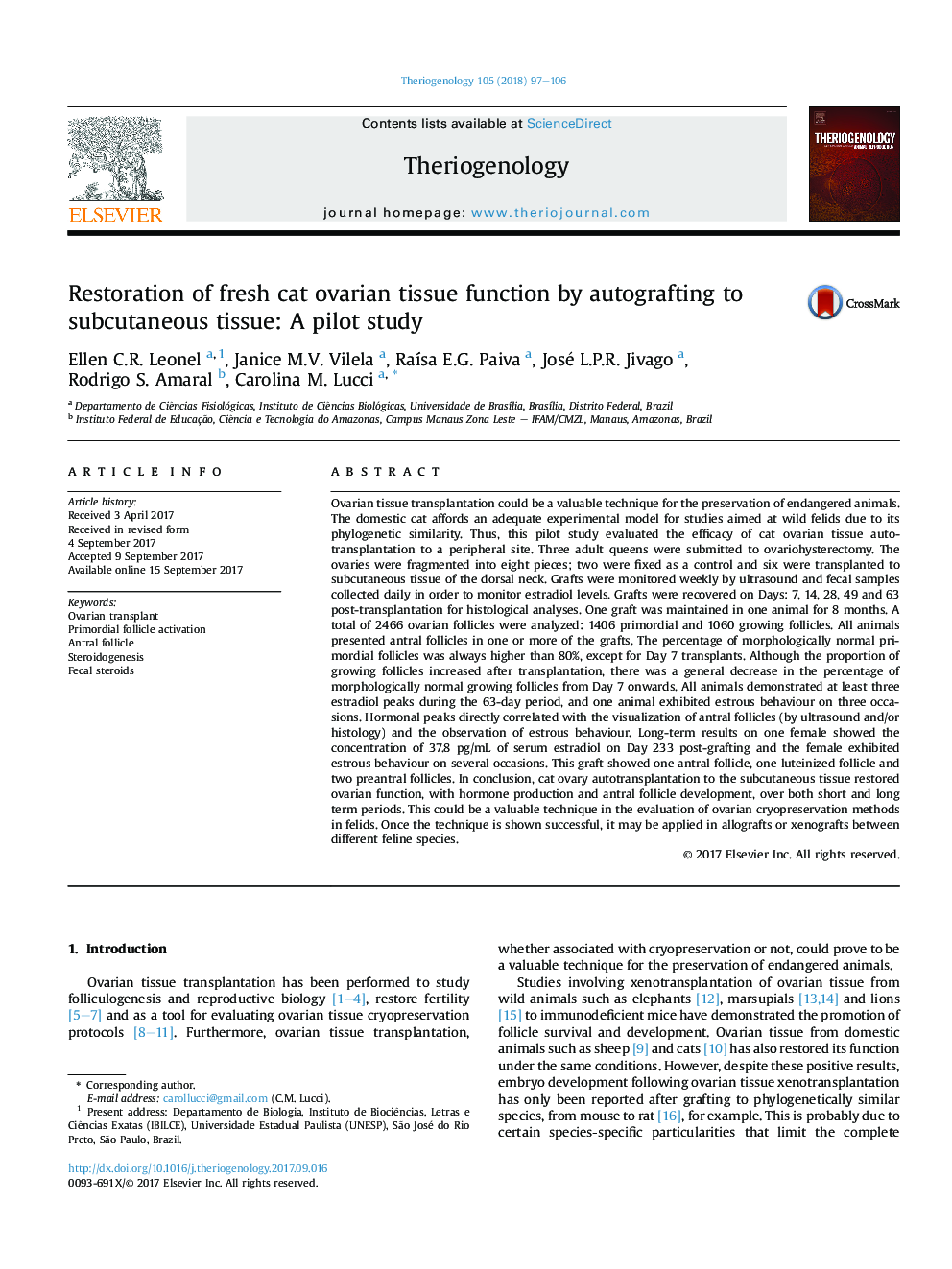 Restoration of fresh cat ovarian tissue function by autografting to subcutaneous tissue: A pilot study