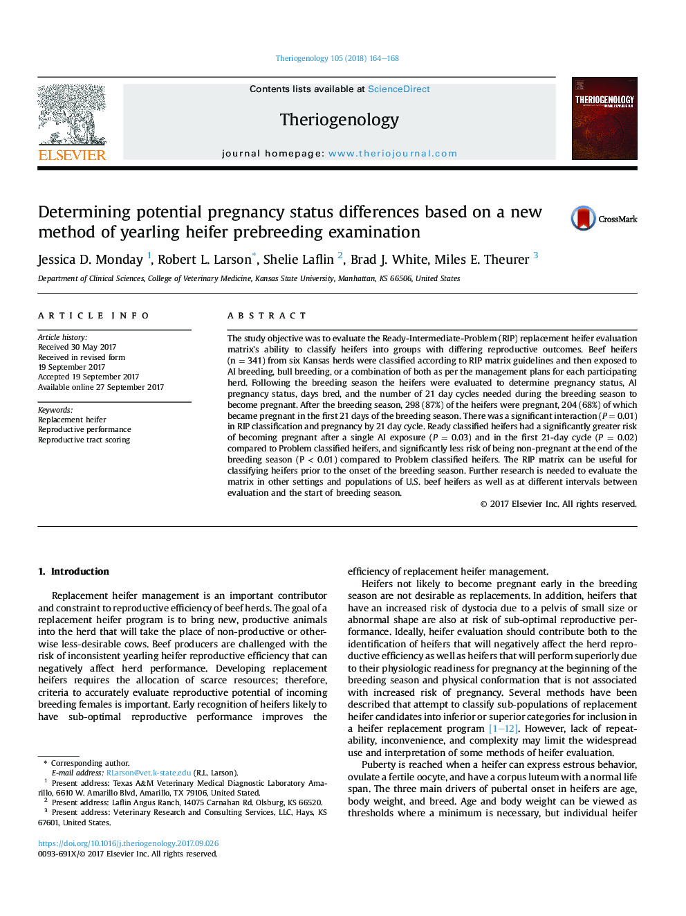 Determining potential pregnancy status differences based on a new method of yearling heifer prebreeding examination