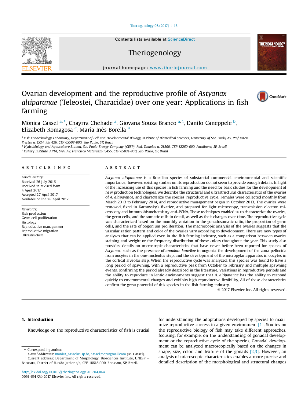 Ovarian development and the reproductive profile of Astyanax altiparanae (Teleostei, Characidae) over one year: Applications in fish farming