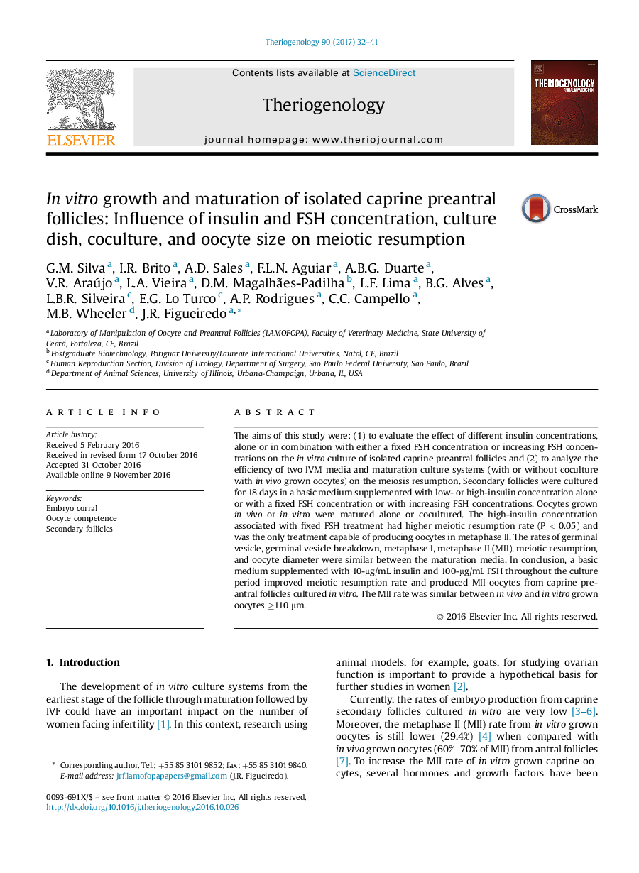 InÂ vitro growth and maturation of isolated caprine preantral follicles: Influence of insulin and FSH concentration, culture dish, coculture, and oocyte size on meiotic resumption