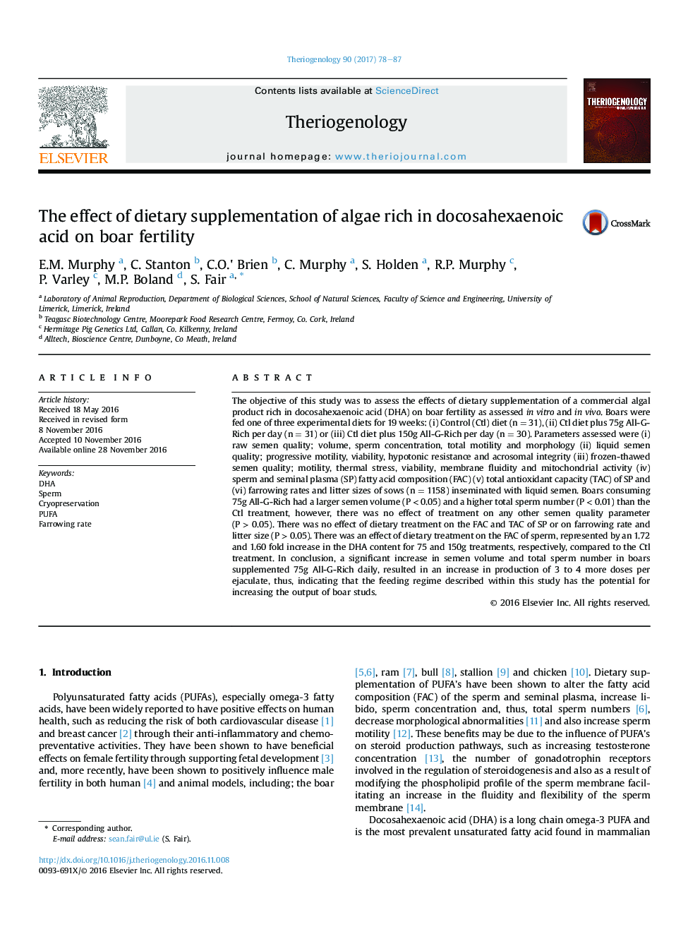 The effect of dietary supplementation of algae rich in docosahexaenoic acid on boar fertility