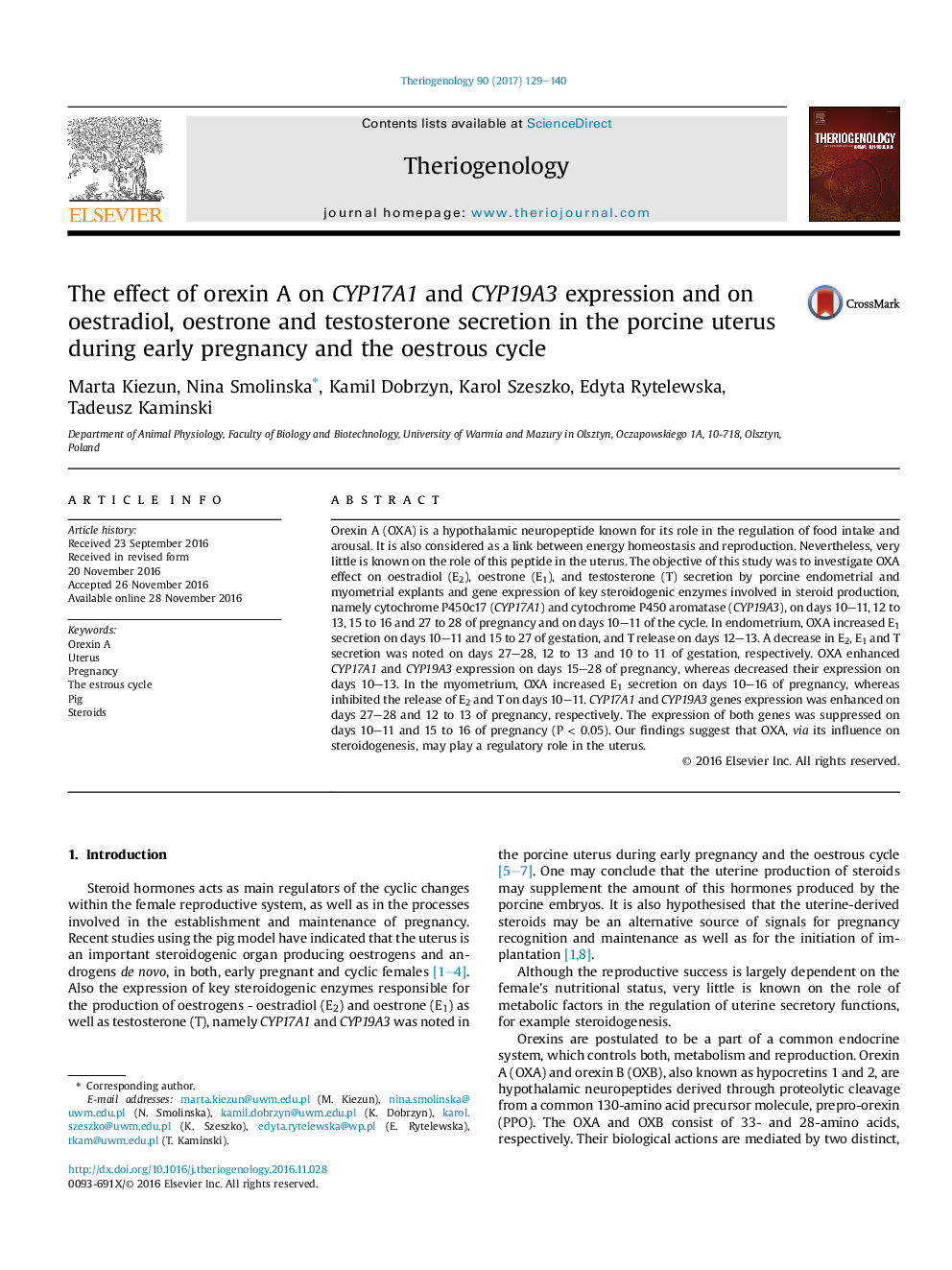 The effect of orexin A on CYP17A1 and CYP19A3 expression and on oestradiol, oestrone and testosterone secretion in the porcine uterus during early pregnancy and the oestrous cycle