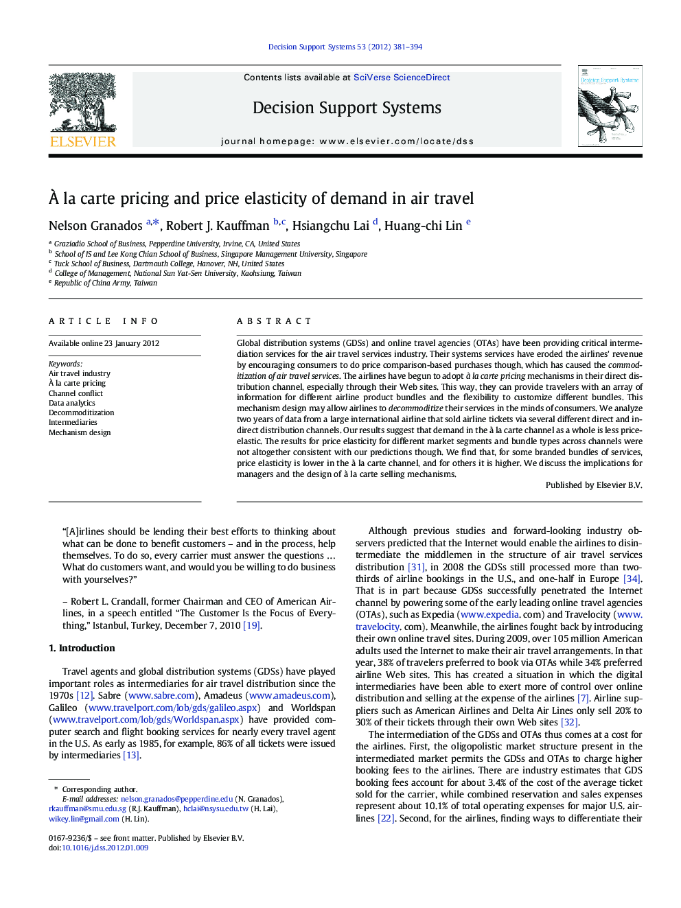 À la carte pricing and price elasticity of demand in air travel